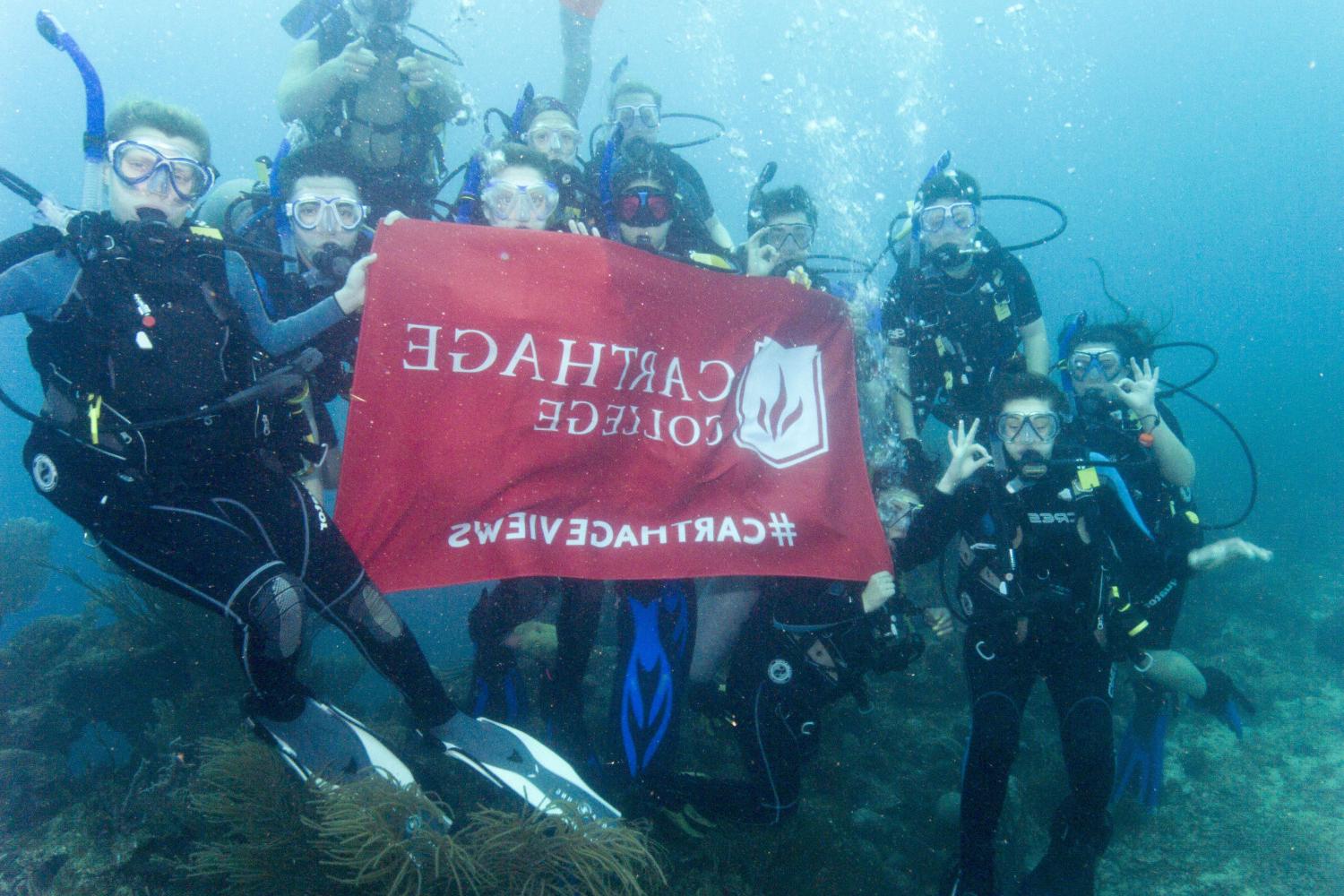 学生们手持<a href='http://aysv.ngskmc-eis.net'>bv伟德ios下载</a>旗帜，在j学期洪都拉斯游学之旅中潜水.